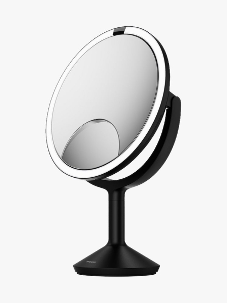 A Simplehuman Sensor Mirror Trio Max with a black base on a light gray background